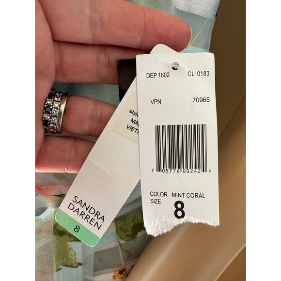 NWT Floral Striped Sheer sleeveless mint coral Sandra Darren dress size 8 - Picture 11 of 16